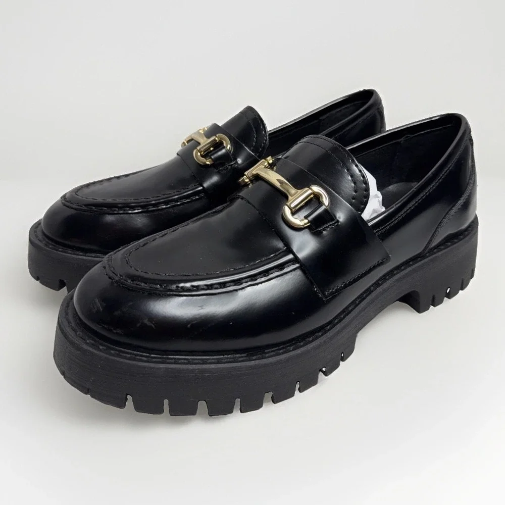 Steve Madden Lando Black Leather Chunky Loafer 8.5 Platform Lug Sole Horsebit